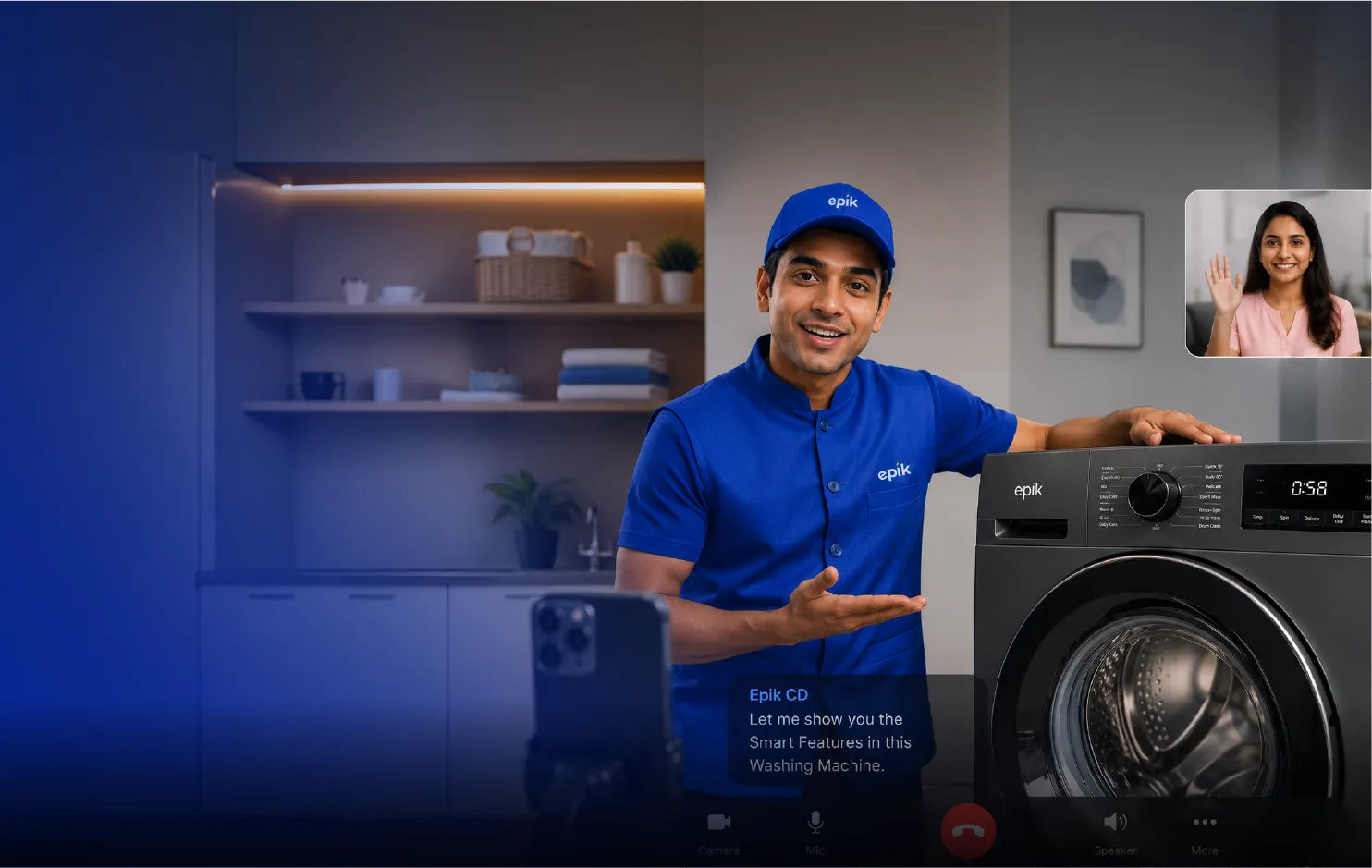 Epik expert showing a washing machine on a video call